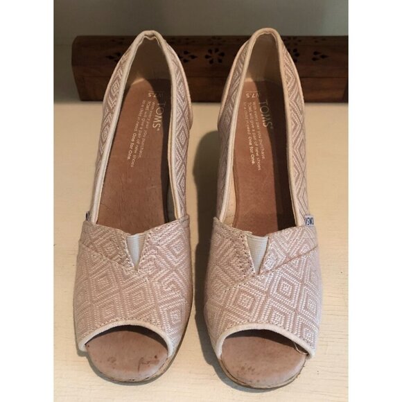 Women's TOMS Cream / Tan Canvas Open Toe Shoe Wedge Cork Heel Size 7.5 - Picture 5 of 12